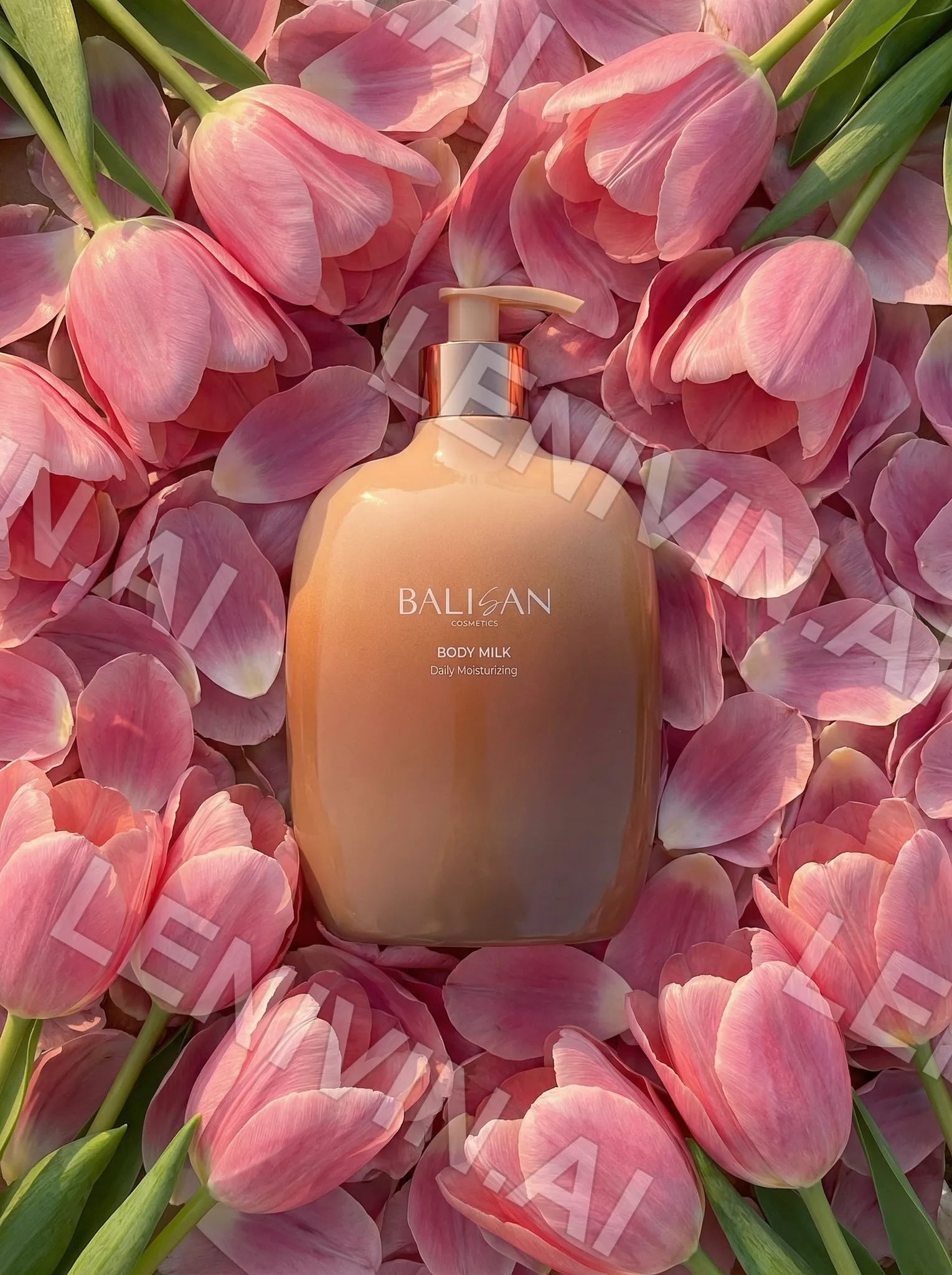 Флакон Balisan Body Milk персикового цвета среди розовых тюльпанов и лепестков, вид сверху