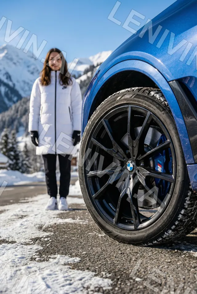 Девушка в белом пуховике у чёрного колеса с эмблемой BMW на снежной дороге