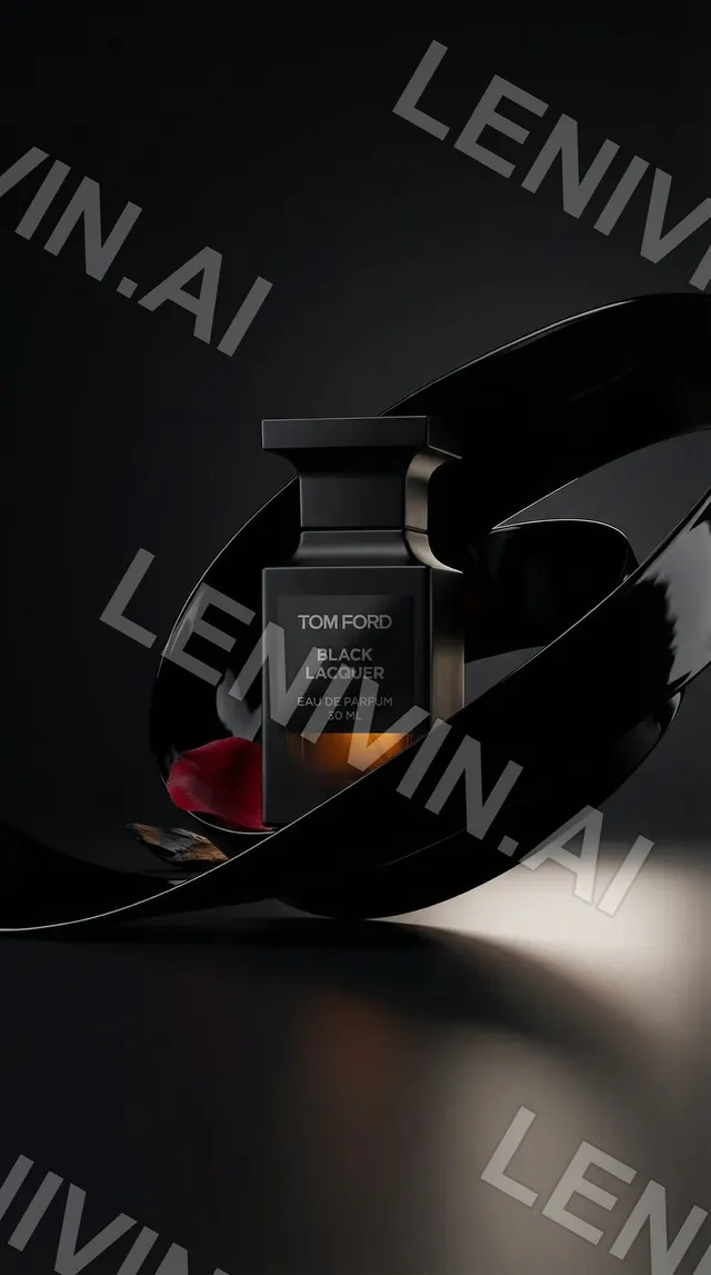 Флакон Tom Ford Black Lacquer на чёрном фоне среди глянцевых чёрных изгибов и красного лепестка