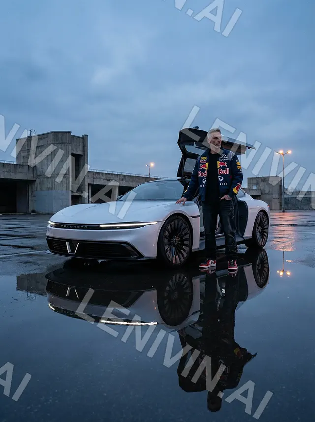 Мужчина в куртке Red Bull у открытой двери белого авто на мокрой площадке, сумерки