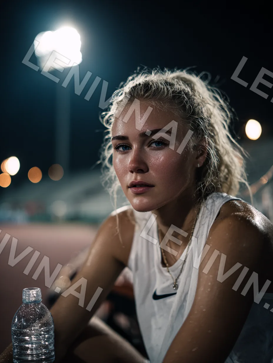 Мокрая от пота блондинка в белой майке Nike сидит на трибуне ночного стадиона, рядом бутылка воды