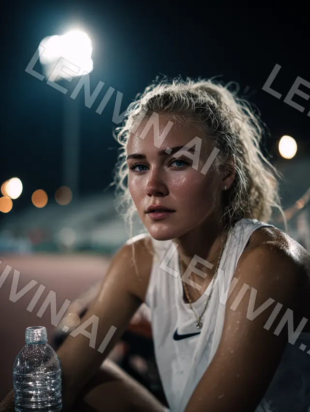 Мокрая от пота блондинка в белой майке Nike сидит на трибуне ночного стадиона, рядом бутылка воды