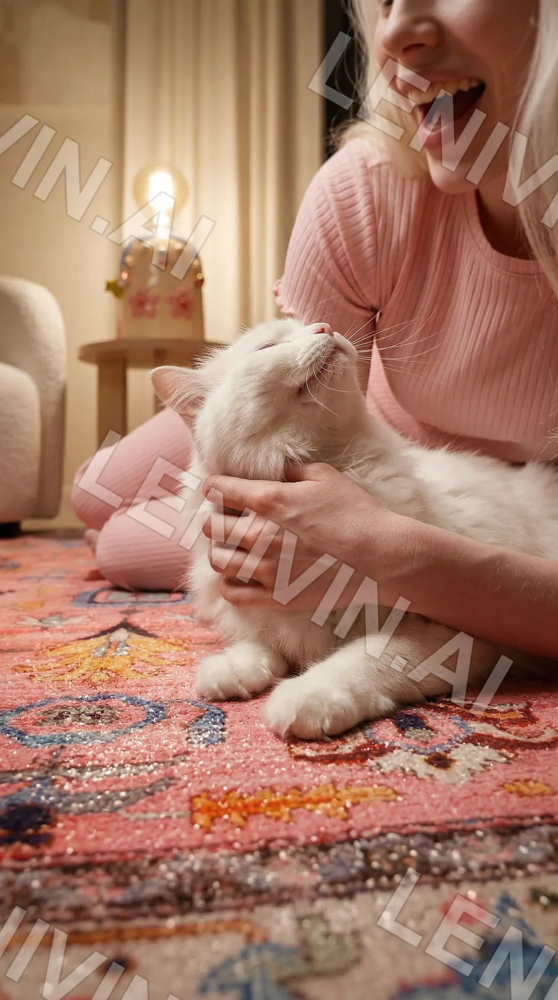 Блондинка в розовой кофте смеётся и гладит белую пушистую кошку на ярком ковре, уютная комната с лампой