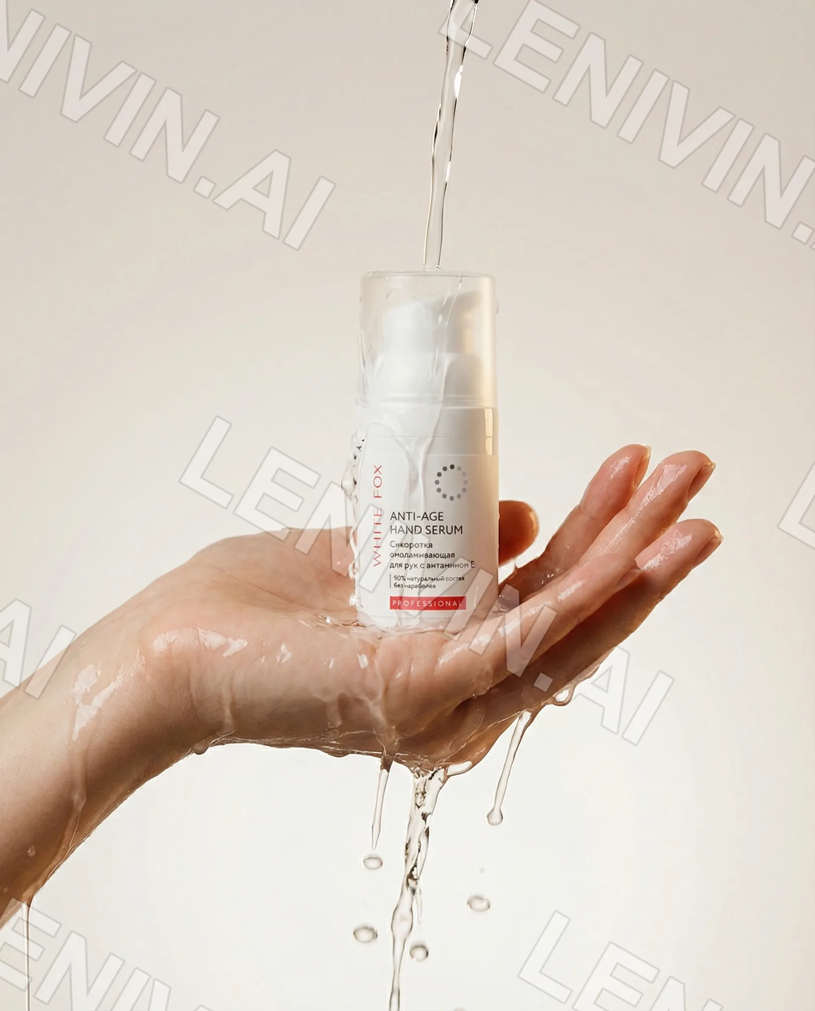 Рука под струёй воды держит флакон Anti-Age Hand Serum на кремовом фоне