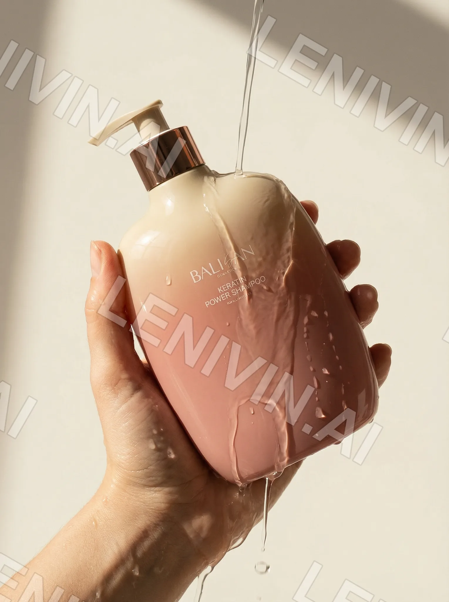 Рука держит розовый флакон Balisan Keratin Power Shampoo, по нему стекает вода