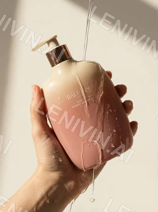 Рука держит розовый флакон Balisan Keratin Power Shampoo, по нему стекает вода