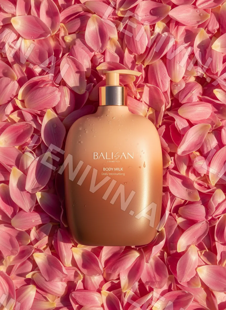 Флакон Balisan Body Milk на россыпи розовых лепестков, вид сверху