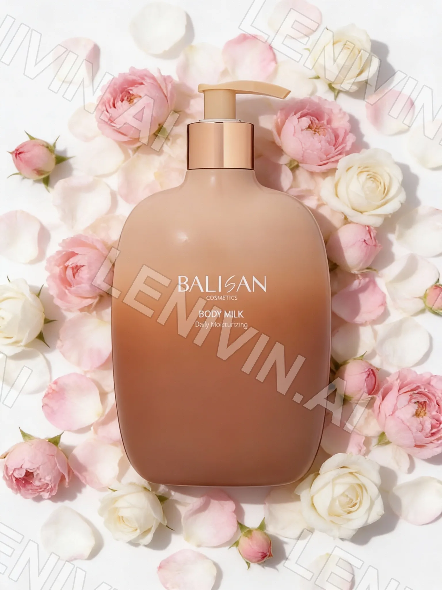 Флакон Balisan Body Milk персикового цвета среди лепестков и бутонов роз на белом фоне
