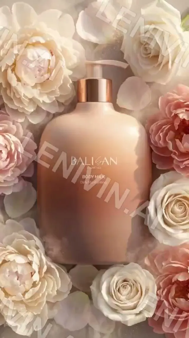 Ролик: флакон BALISAN Body Milk в окружении белых и розовых пионов и роз