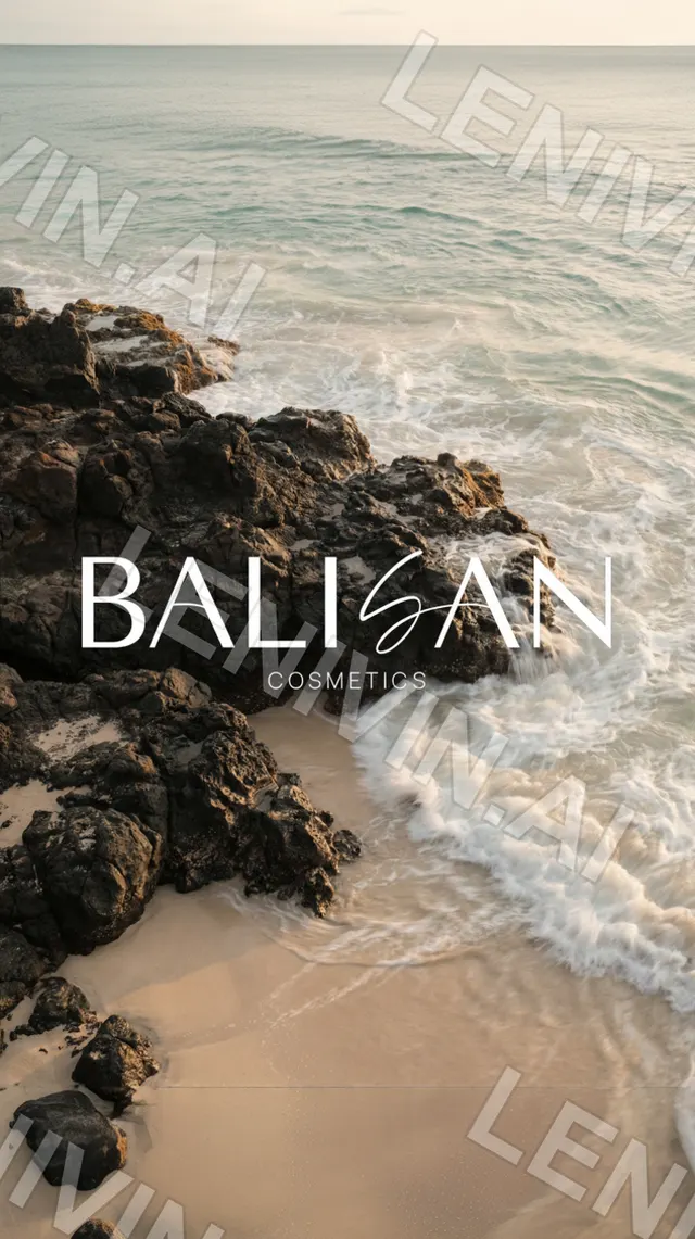 Скалистый берег с прибоем и надписью Balisan Cosmetics на тёплом закатном свету