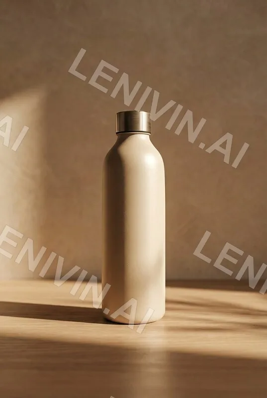 Бежевая бутылка для воды на деревянной поверхности, тёплый свет, песочный фон
