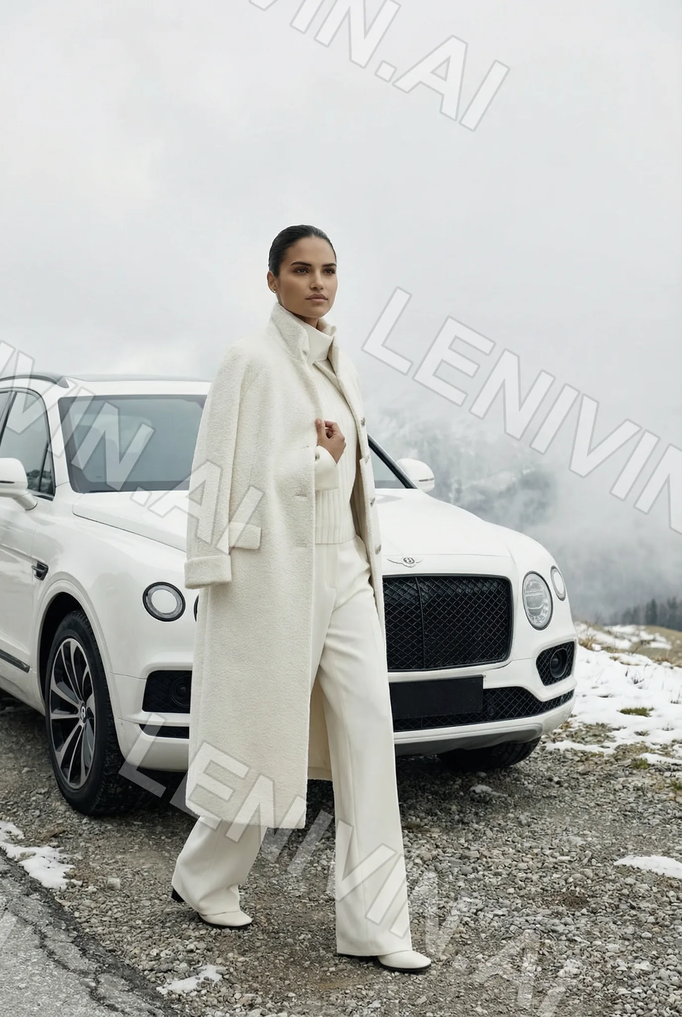 Брюнетка в белом пальто и белых брюках стоит у белого Bentley среди заснеженных скал