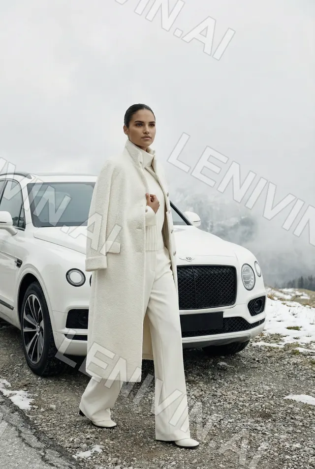 Брюнетка в белом пальто и белых брюках стоит у белого Bentley среди заснеженных скал