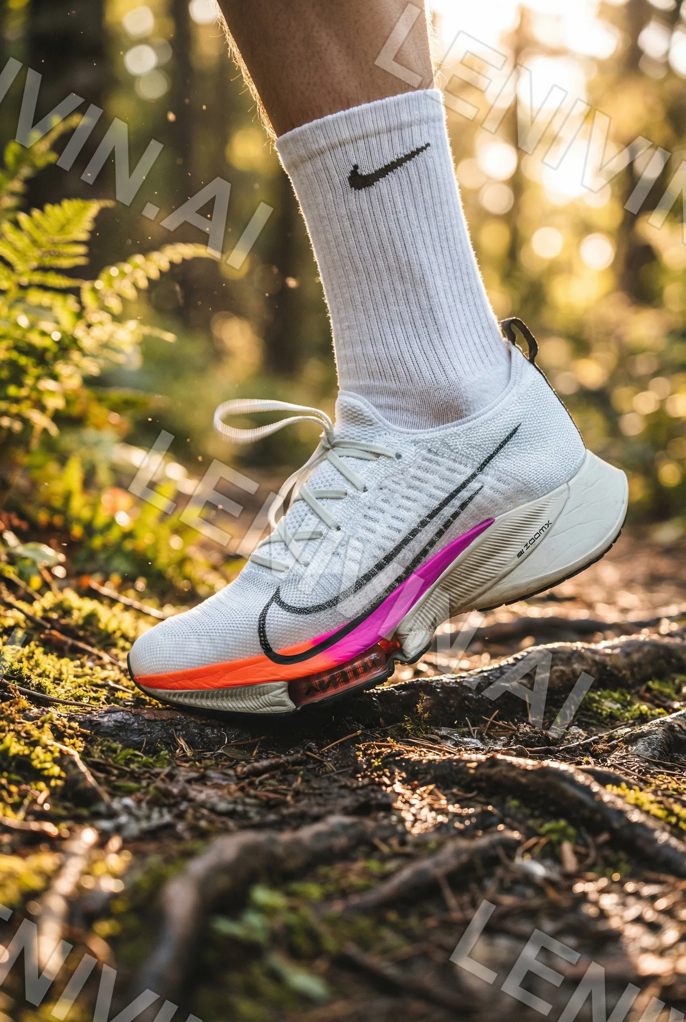 Белый беговой кроссовок Nike с розово-оранжевой подошвой на корнях в лесу, тёплое солнце