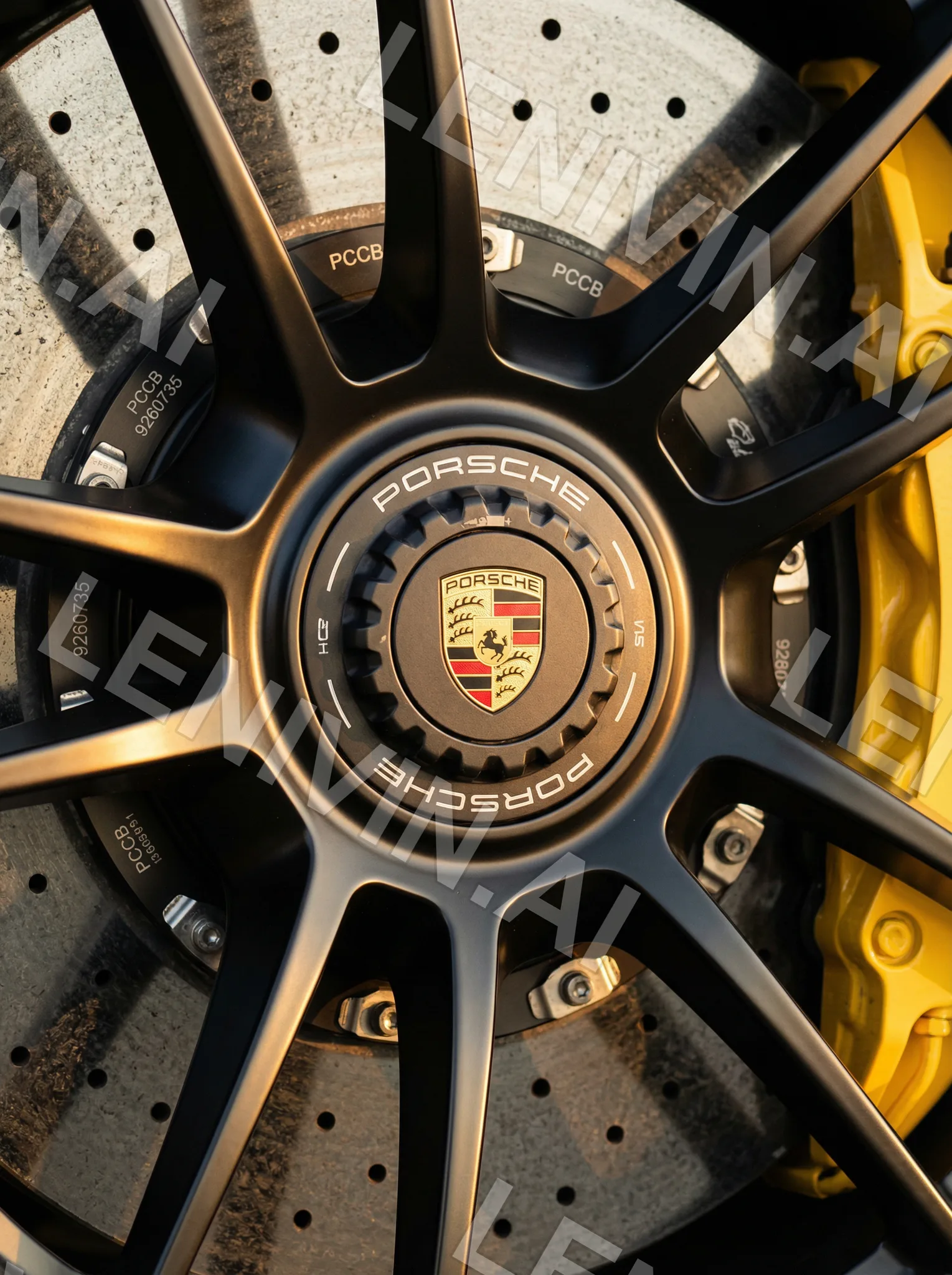 Колесо Porsche с чёрным диском и жёлтым суппортом, крупный план, чуть иной ракурс