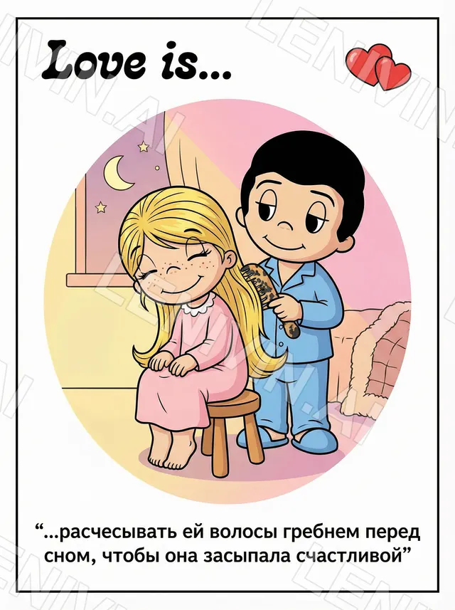 Открытка Love is: мальчик в пижаме расчёсывает волосы девочке, подпись про сон