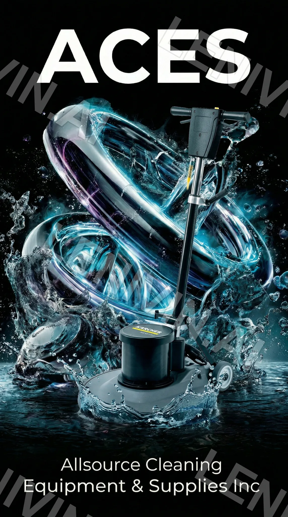 Плакат ACES Allsource Cleaning Equipment & Supplies Inc с полотёром в водяных брызгах и кольцах