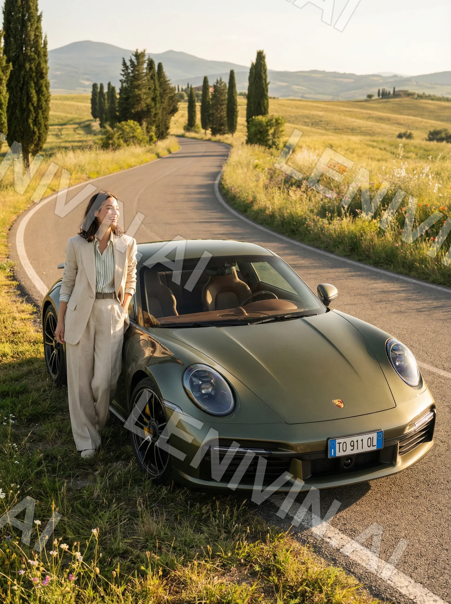 Женщина в бежевом костюме опирается на оливковый Porsche 911 на извилистой дороге среди тосканских холмов и кипарисов