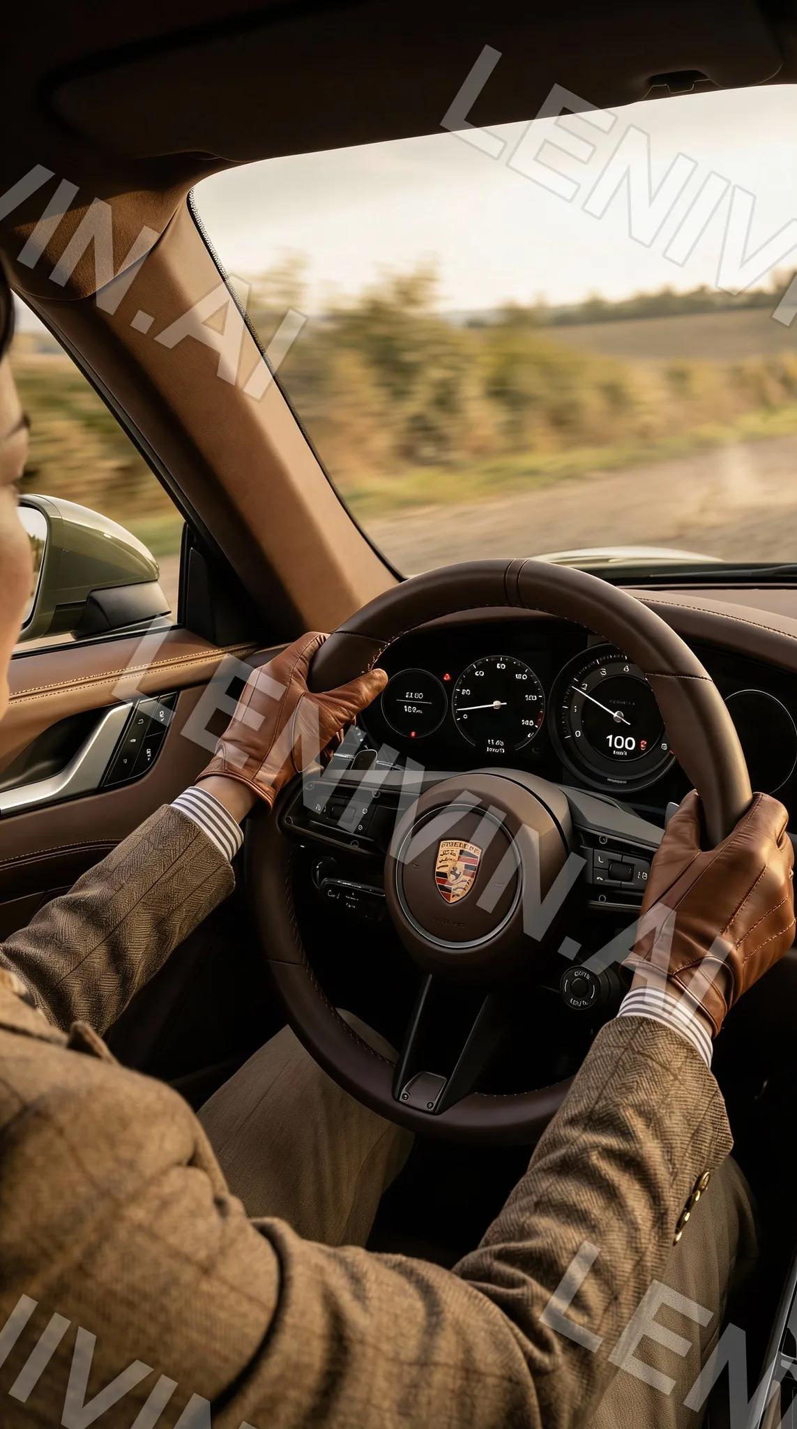 Руки в коричневых кожаных перчатках на руле Porsche, поле в окне