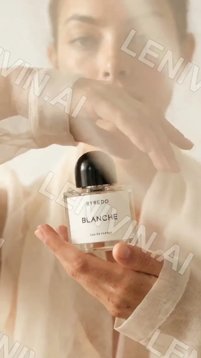 Ролик: женская рука держит флакон Byredo Blanche, размытая фигура на фоне