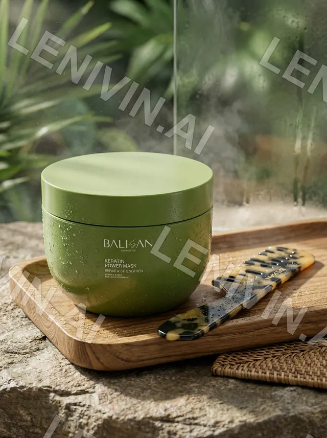 Зелёная банка Keratin Power Mask на деревянном подносе рядом с роговым гребнем, запотевшее стекло