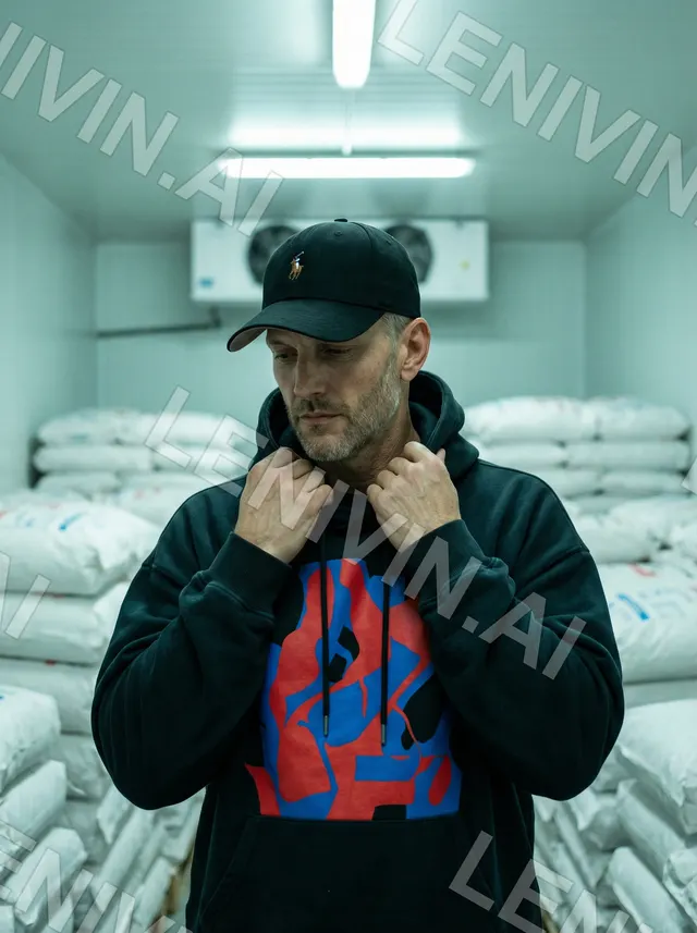 Мужчина в чёрной кепке и тёмной толстовке стоит в холодильной камере среди мешков, свет бирюзовый