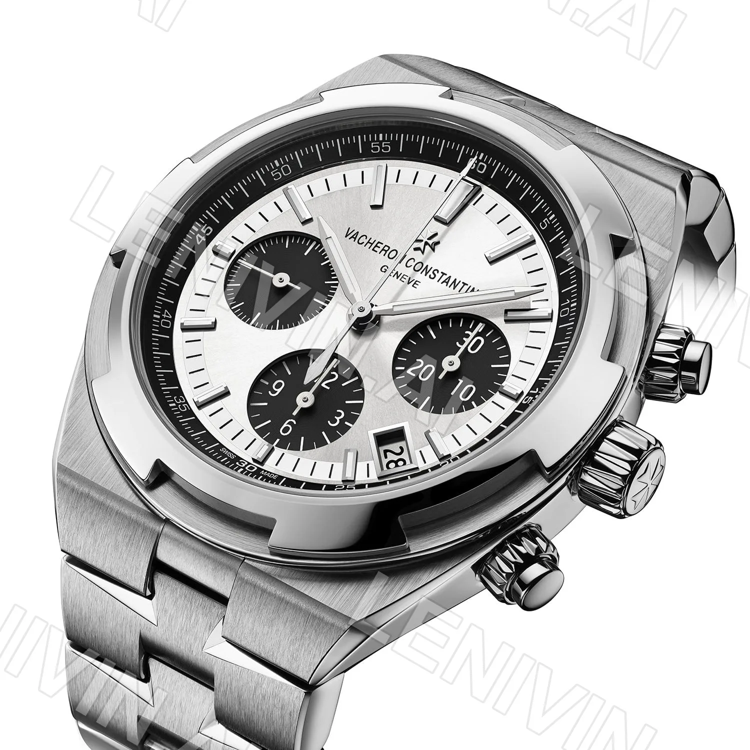 Наручные часы-хронограф Vacheron Constantin Geneve со стальным браслетом и чёрно-белым циферблатом