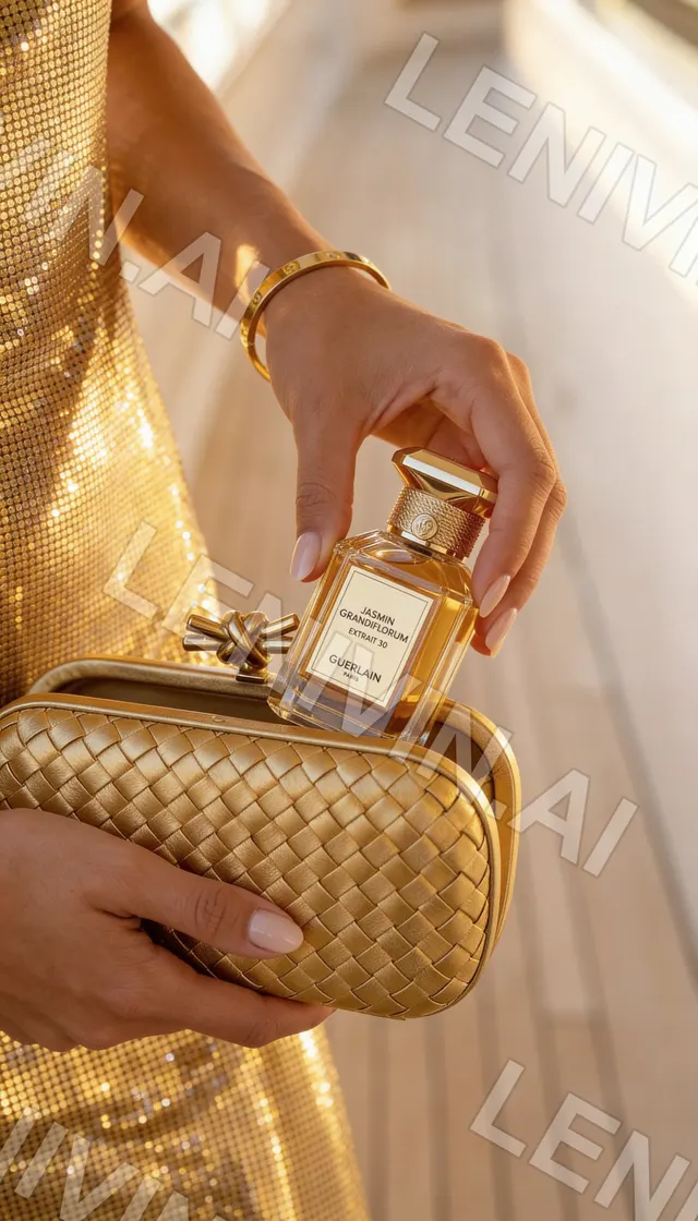 Рука с золотым браслетом достаёт флакон духов из плетёного золотого клатча на палубе