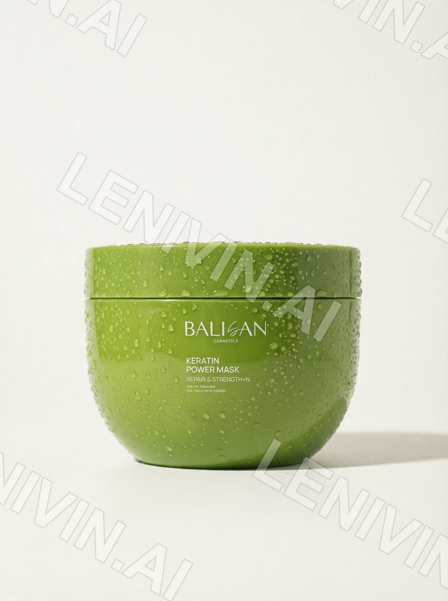 Банка зелёной маски BALISAN Keratin Power Mask с каплями воды на светлом фоне