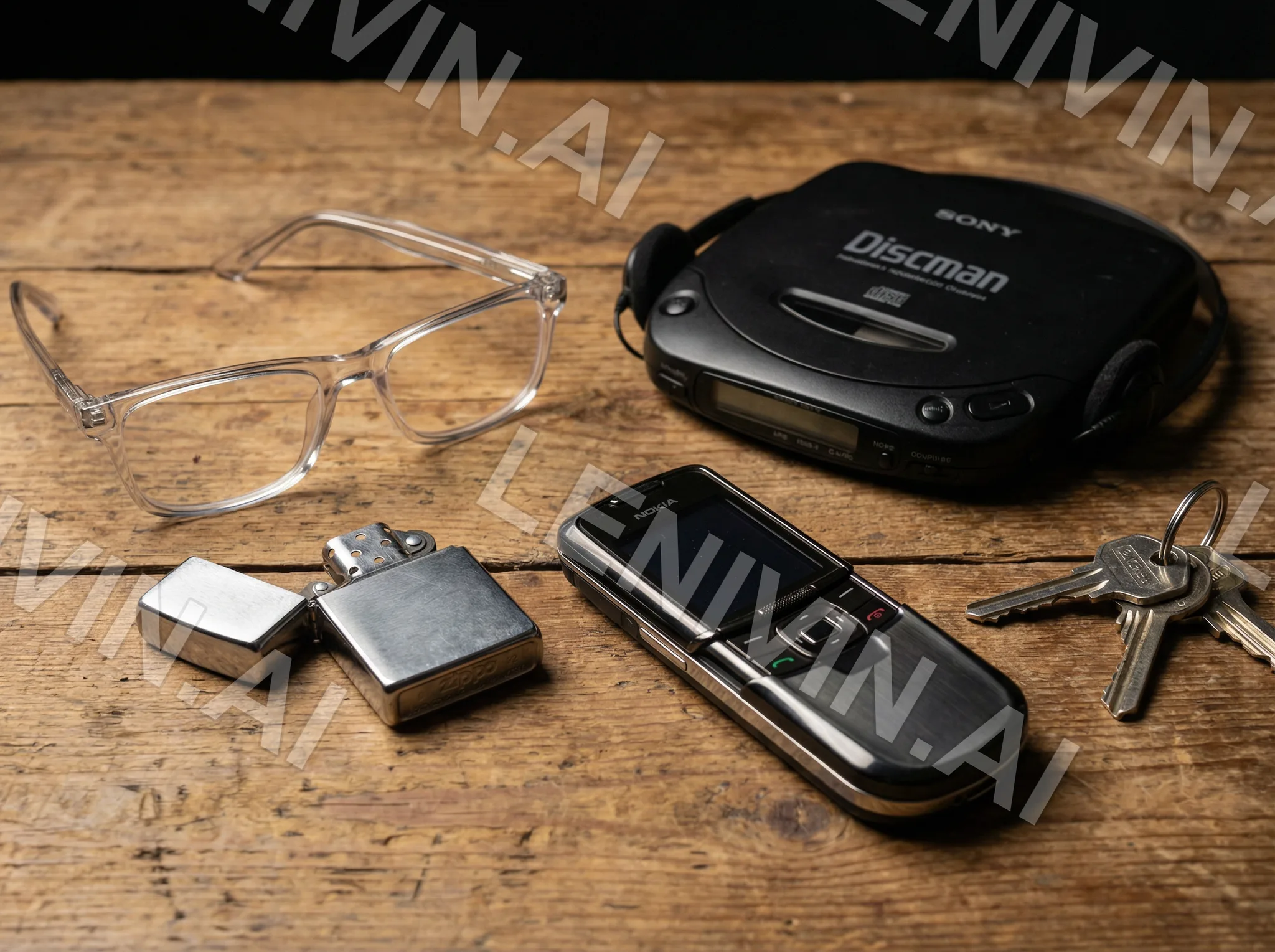 Очки, плеер Sony Discman, зажигалка, ключи и диктофон на деревянном столе