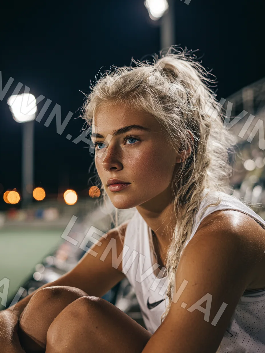Блондинка в белой майке Nike сидит на трибуне стадиона, ночные огни, взгляд в сторону