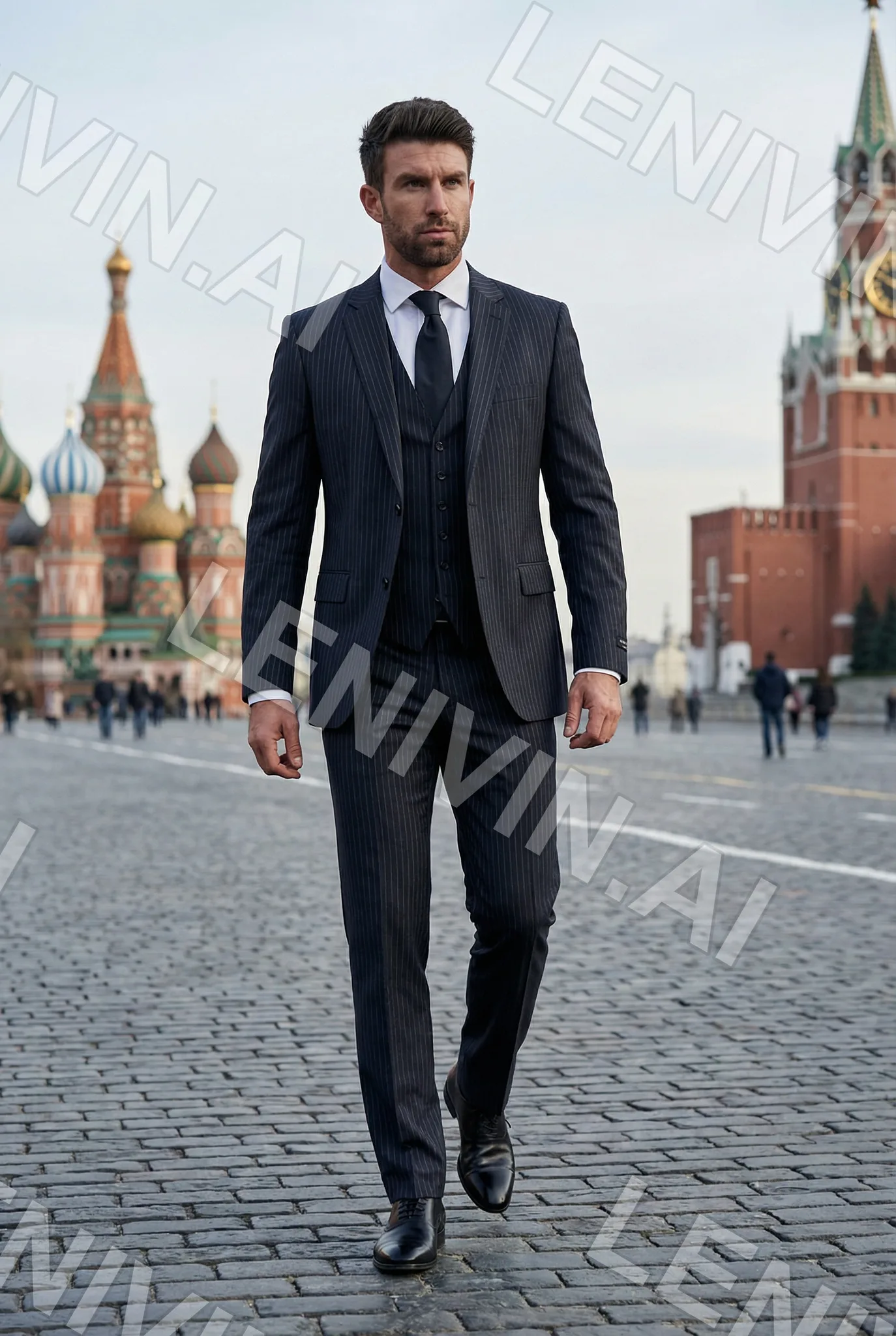 Мужчина в тёмном костюме-тройке идёт по Красной площади, на фоне собор Василия Блаженного