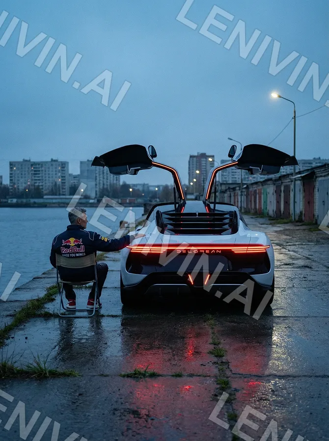 Мужчина сидит спиной на стуле у белого спорткара на набережной, поднятые двери