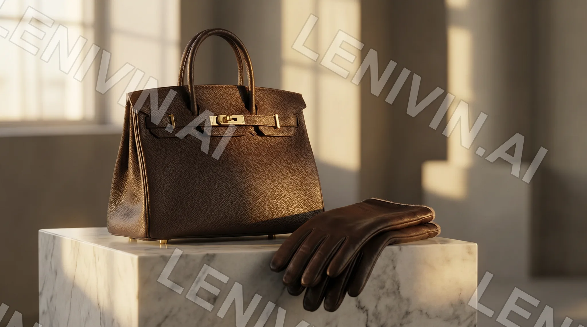 Коричневая кожаная сумка Birkin и перчатки на мраморном подиуме, мягкий свет из окна