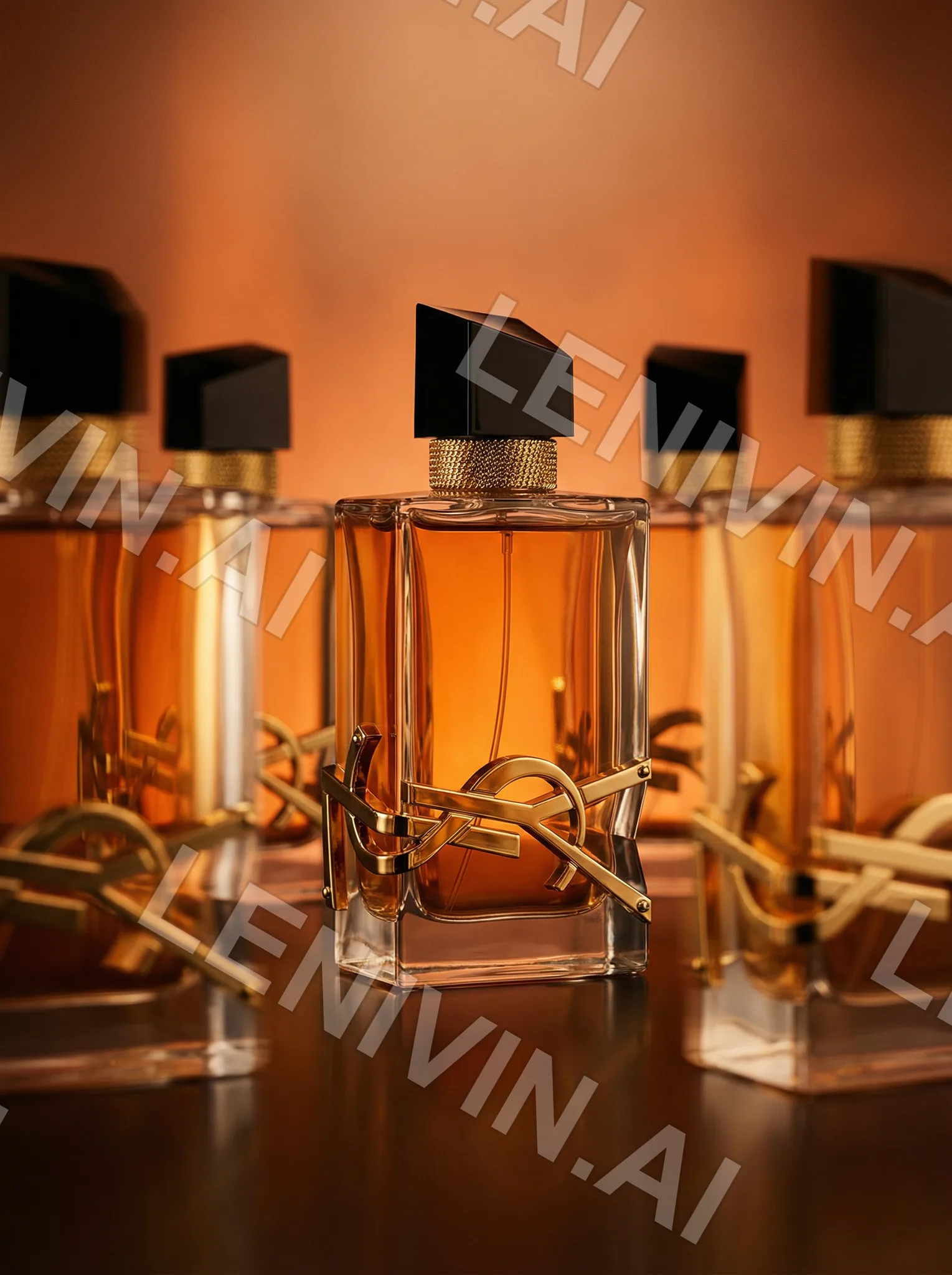 Флаконы духов YSL с золотой монограммой на тёмной поверхности, оранжевый фон с боке