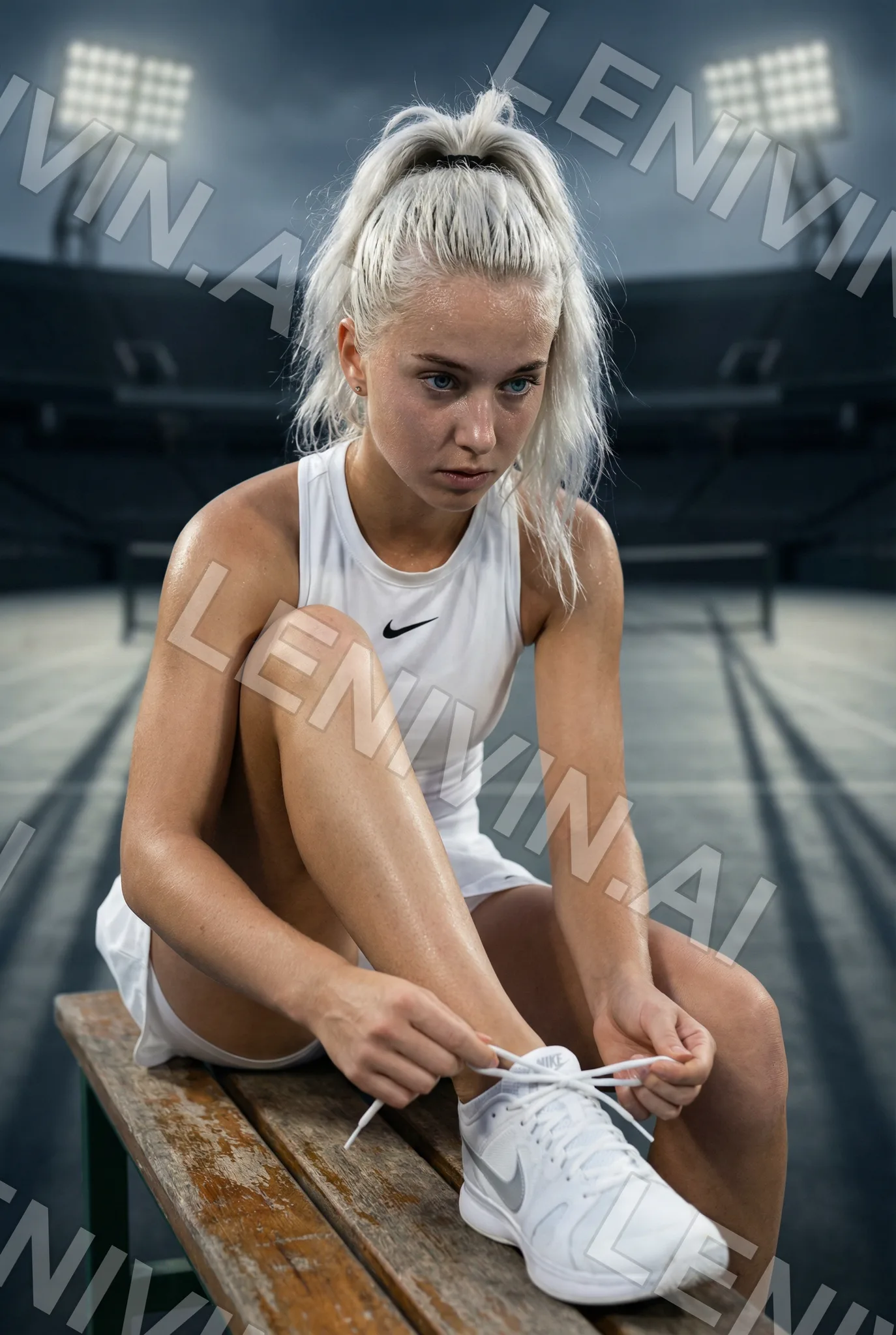 Блондинка с хвостом в белой форме Nike зашнуровывает кроссовок на скамье корта, прожекторы