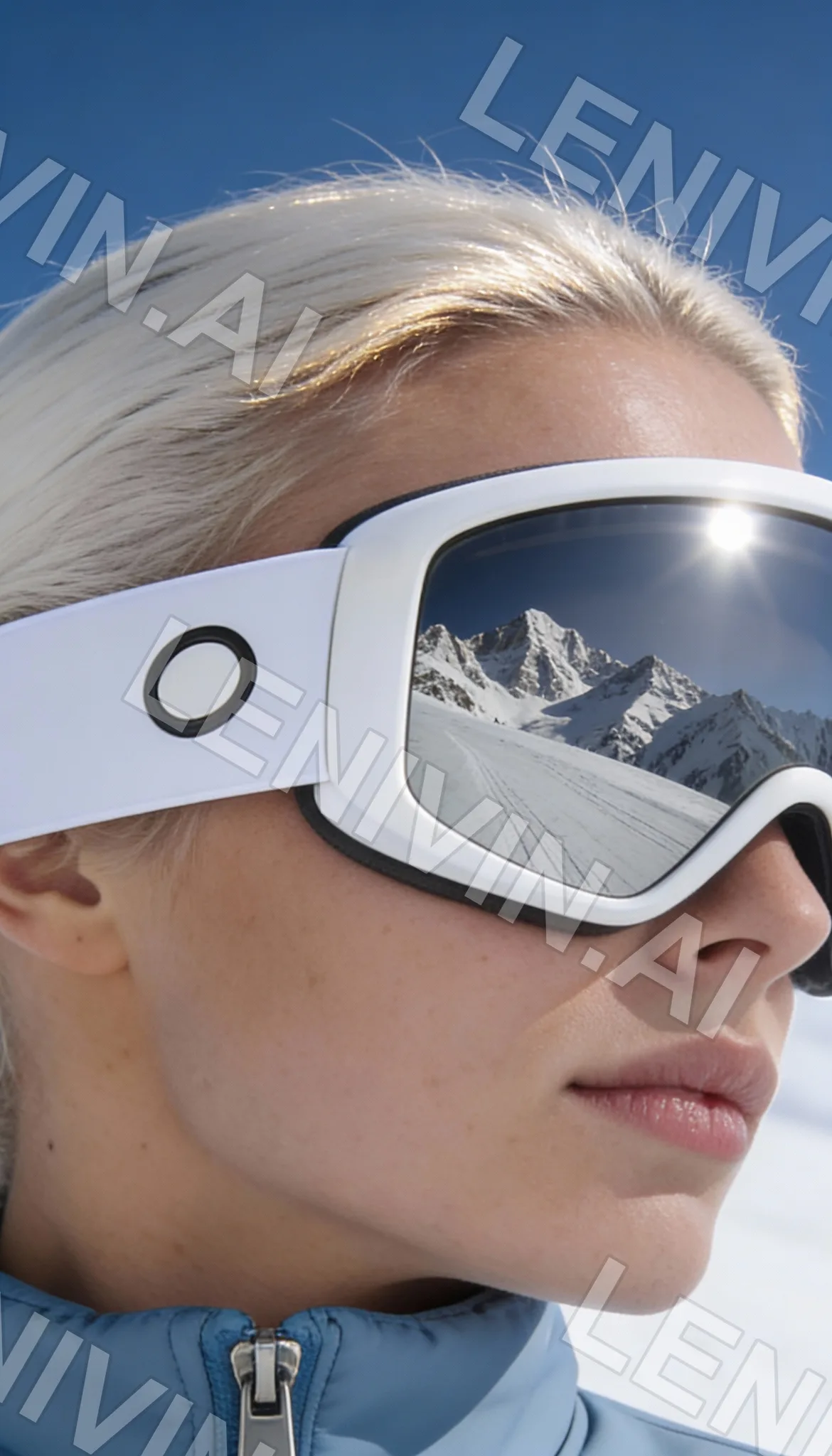 Крупный план блондинки в белых лыжных очках, в линзах отражаются заснеженные горы