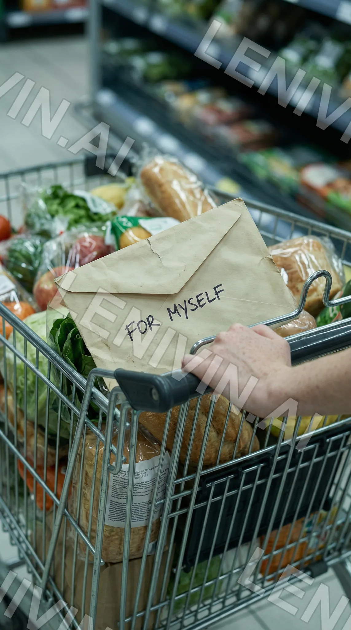 Конверт с надписью For Myself лежит в тележке с продуктами, рука на ручке