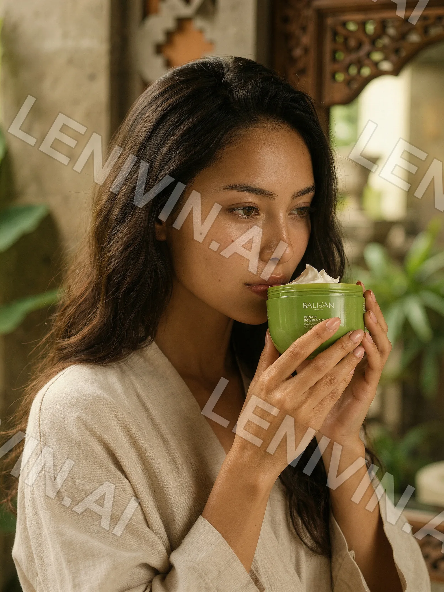 Брюнетка в бежевом халате нюхает зелёную баночку Balisan, резные деревянные панели