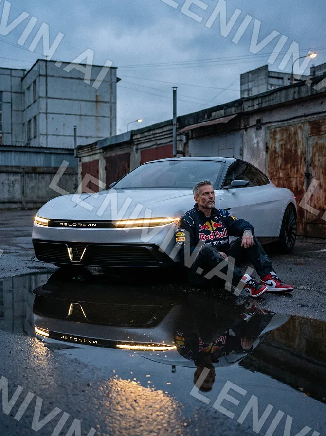 Мужчина в куртке Red Bull сидит на корточках у белого авто, гаражи и отражение в луже
