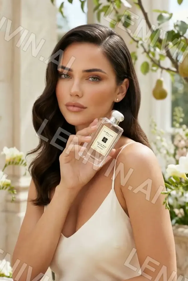 Ролик: брюнетка в белом топе держит флакон духов Jo Malone, на фоне цветы