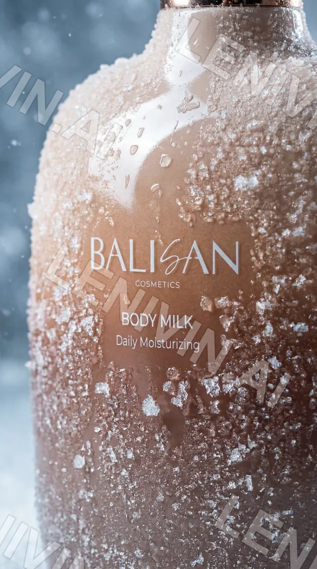 Крупный план флакона молочка для тела Balisan, покрытого инеем и ледяной крошкой, синий фон