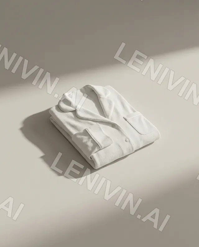 Сложенная белая махровая пижама на бежевом фоне, жёсткий боковой свет