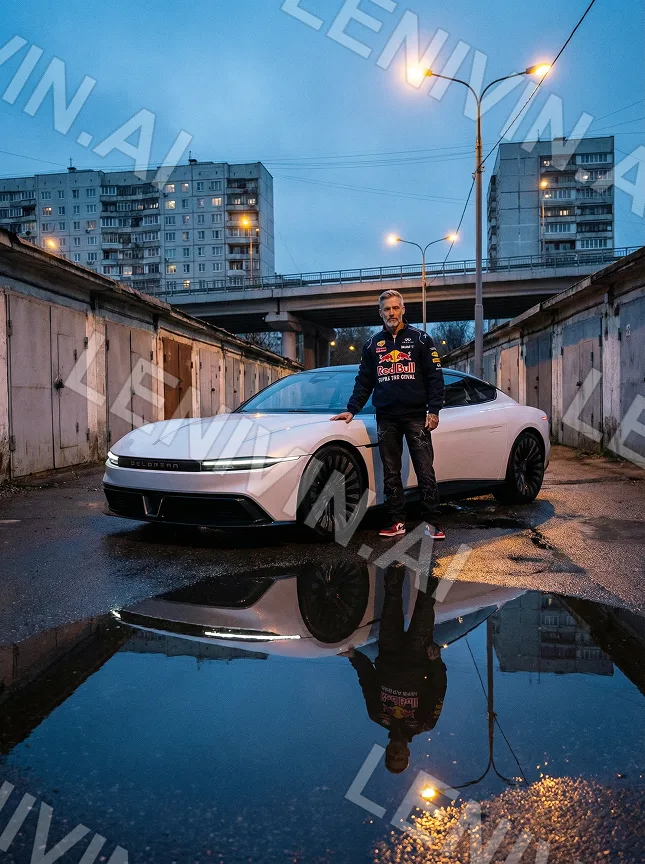 Мужчина в куртке Red Bull у белого авто на вечернем дворе, отражение в луже