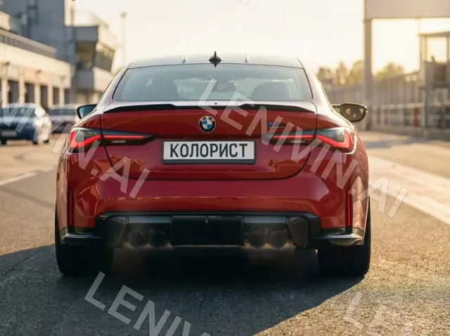 Ролик: красный BMW сзади с номером КОЛОРИСТ на асфальте трассы, закатный свет