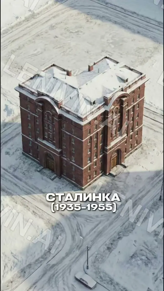 Ролик: кирпичный дом сверху на заснеженной площади, подпись «Сталинка (1935–1955)»