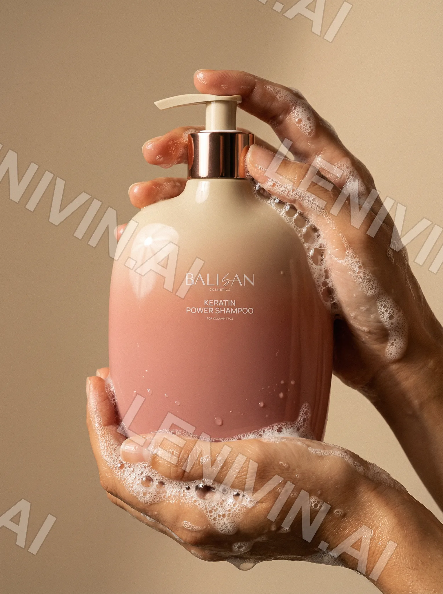 Флакон шампуня Balisan Keratin Power Shampoo в руках с пеной, одна рука нажимает на помпу, бежевый фон