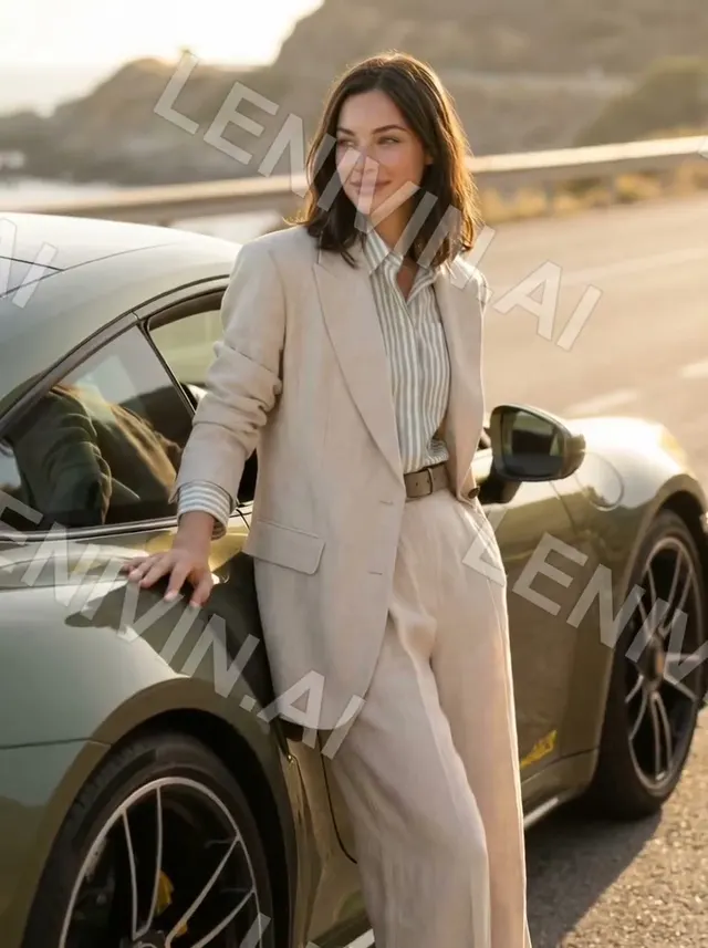 Ролик: девушка в бежевом костюме опирается на оливковый Porsche у приморской дороги