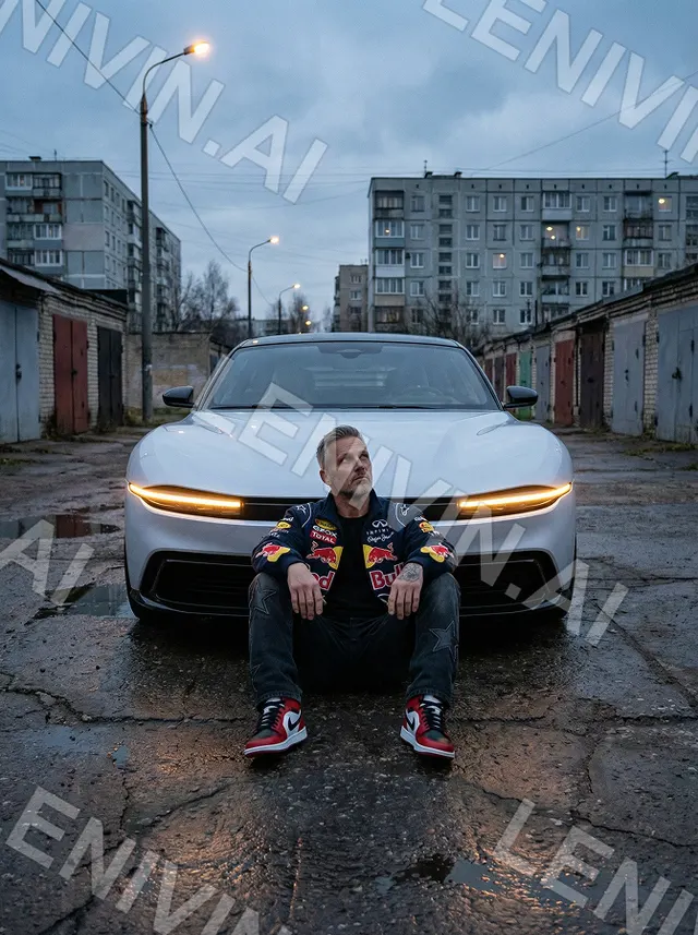 Мужчина в куртке Red Bull сидит на корточках перед белым авто с жёлтыми фарами во дворе