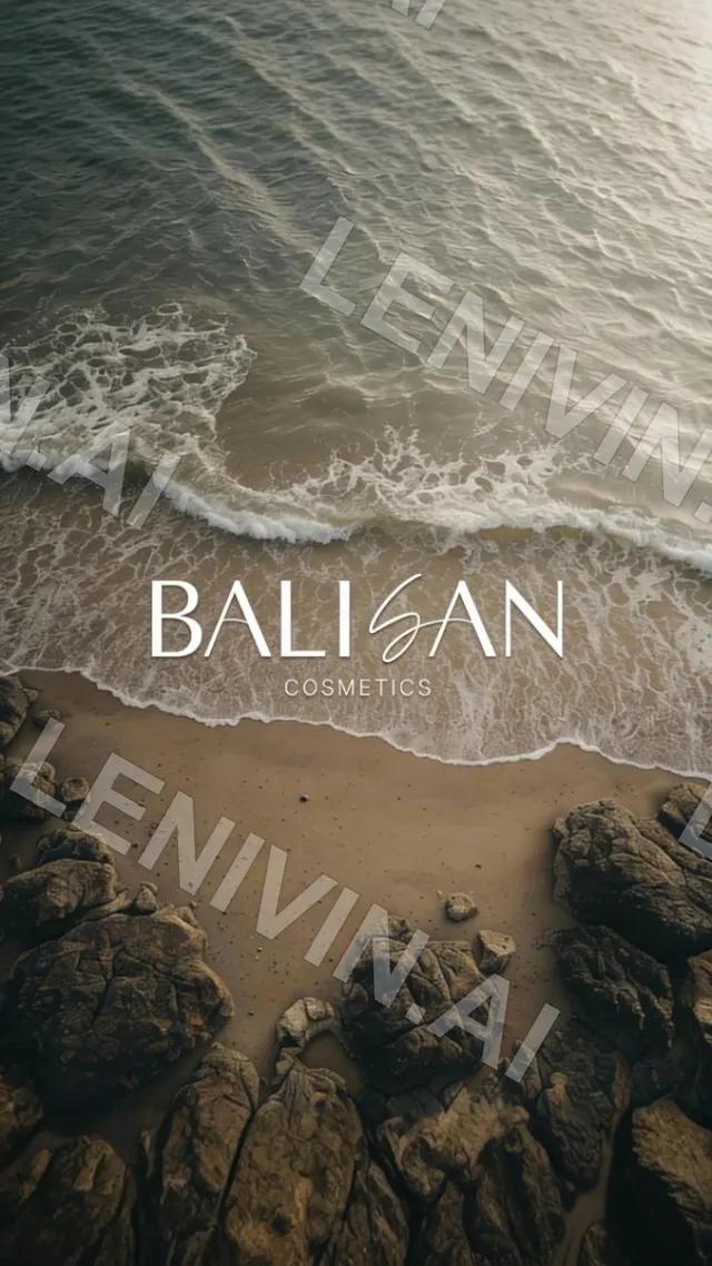 Обложка Balisan Cosmetics: надпись на пляже над линией прибоя, камни внизу